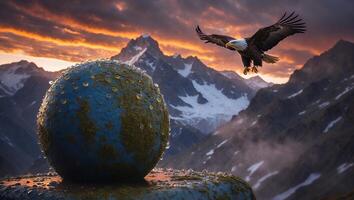 Eagle Soaring Above Earth Globe with Majestic Mountain Background Scene photo