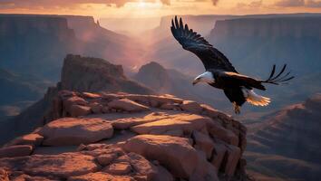 Eagle Soaring Over Canyon Landscape During Sunset Creating Majestic Scene photo