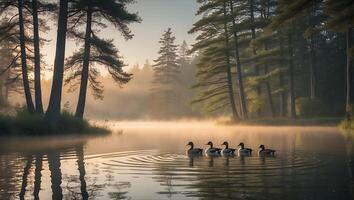 Ducks Swimming on Misty Lake at Sunrise Surrounded by Pine Trees photo