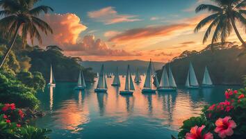 Sailboats Sailing on Calm Water at Sunset with Tropical Landscape photo