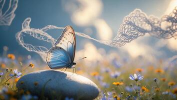 Blue Butterfly Resting on Stone in Field of Wildflowers Landscape photo