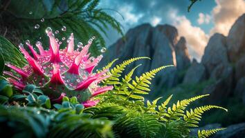 Pink Exotic Flower with Water Droplets in a Mountain Landscape photo