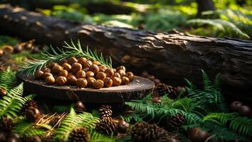 Arrangement of Macadamia Nuts with Rosemary on Wooden Surface Outdoors photo