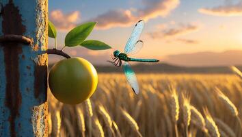 Dragonfly Near Green Fruit and Grain Field at Golden Sunset Hour photo