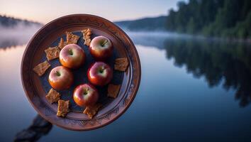 Serving Apples with Crackers on Scenic Lake Pier at Dawn photo