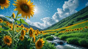 Sunflower Field Landscape with Stream and Mountains Under Rain Effect photo