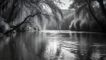 River Flowing Under Weeping Willow Trees Creates Serene Black and White Scene photo