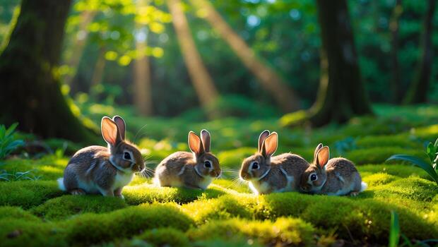 Rabbits Resting on Moss in Forest with Sunlight Beaming Through photo