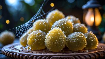 Serving of Yellow Sugar Balls with Dew Drops and Spider Web photo