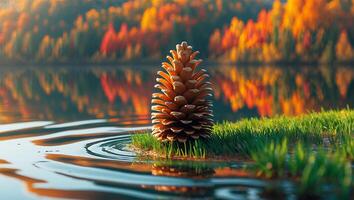 Pine Cone Standing Near Lake with Forest Reflection on Water photo
