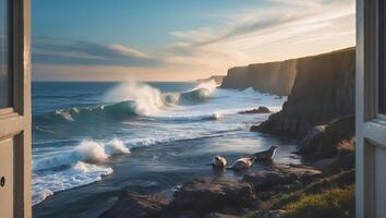 Ocean View From Window with Seals and Waves Crashing on Shore photo