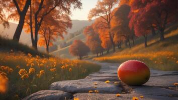 Mango Resting on Stone Path Through Field of Golden Flowers photo