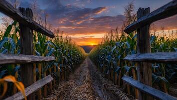 Walking Path Through Corn Field at Sunset with Wooden Fence photo