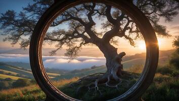 Tree Through Circular Frame Over Rolling Hills at Sunrise with Fog photo