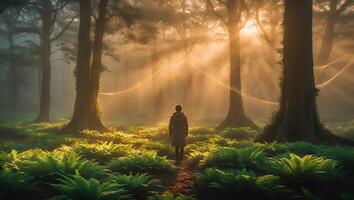 Walking Through Forest Path with Ferns and Golden Sunlight Beams photo