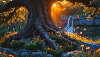 Majestic Tree Roots with Butterflies and Waterfall at Sunset photo