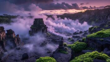 Ancient Ruins Enshrouded in Mist at Dusk Ethereal Landscape photo