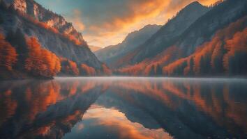 Lake Reflection of Autumn Forest and Mountains at Golden Hour photo