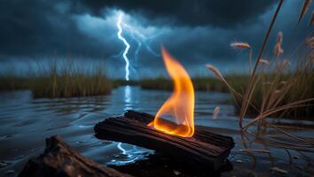 Burning Wood Floating in Water Under Lightning Sky Landscape photo