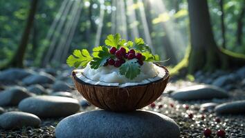 Coconut Bowl Food Display in Forest with Sun Rays and Berries photo