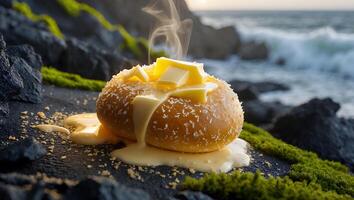 Melting Butter on Roll Near Ocean with Rocks and Moss photo