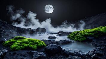 Mossy Rocks Landscape with Moonlit Sky and Steaming Water photo