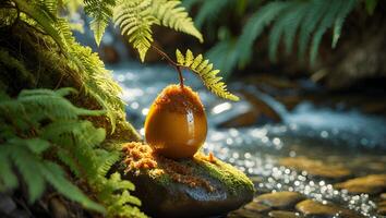 Egg on Mossy Stone Near Stream with Fern Leaf Accent photo