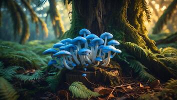 Glowing Blue Mushrooms Grow on Tree Stump in Lush Forest photo