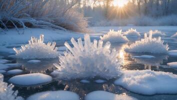 Icy Landscape with Frozen Water and Sun Bursting Through Trees photo