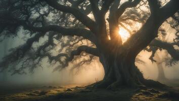 Majestic Oak Tree Bathed in Sunlight Through Misty Forest Morning photo