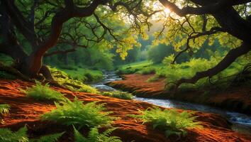Flowing Stream Through Forest with Sunlit Trees and Mossy Ground photo