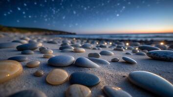 Stones on Beach at Night with Stars and Glowing Lights photo