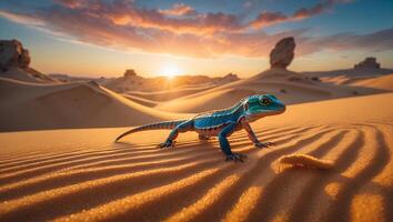 Lizard Walking on Desert Sand Dunes at Sunset with Colorful Sky photo