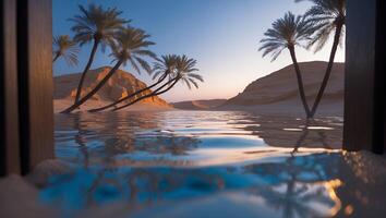 Palm Trees Reflecting in Water at Sunset View Through Frame photo