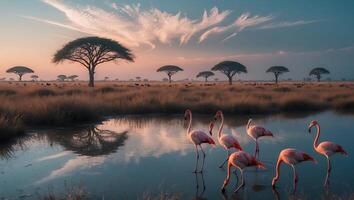 Flamingos Wading in Still Water in Savannah at Dusk with Trees photo