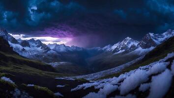 Snowy Mountains Valley with Dramatic Storm Clouds and Ominous Purple Light photo