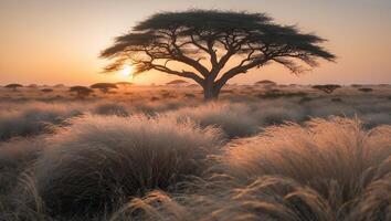Tree Silhouetted on African Savannah at Sunset with Tall Grass photo