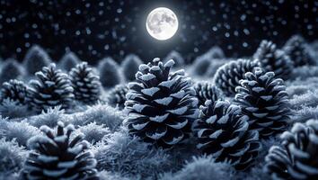 Pine Cones and Moonlit Scene at Night with Icy Details photo