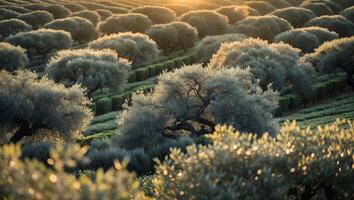 Olive Grove at Sunset with Trees and Fields in Golden Light photo