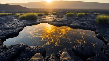 Gazing at Mirrored Sunset Reflection in Volcanic Rock Pool photo