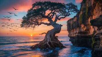 Gnarled Tree Stands Firmly on Ocean Shore During Colorful Sunset photo