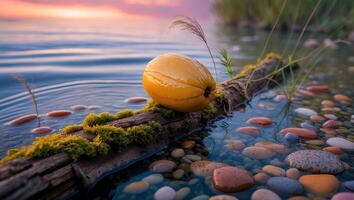 Yellow Fruit on Mossy Log in Calm Water at Sunset photo