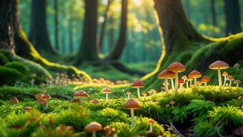 Mushrooms in Forest with Sunlight Streaming Through Trees on Mossy Ground photo
