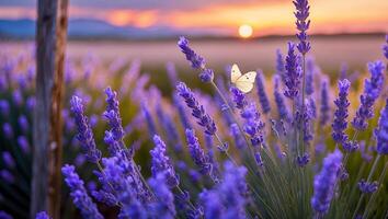 Butterfly on Lavender Flowers at Sunrise in a Floral Field photo