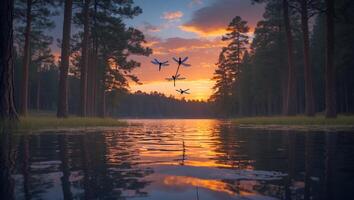 Dragonflies Flying Over Lake During Sunset with Forest and Reflection photo