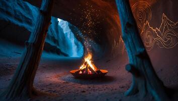Burning Campfire in Sandy Cave with Glowing Embers and Warm Light photo
