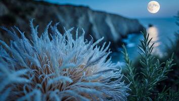Coastal Plant and Cliffs Glowing Under the Moonlit Night Ocean photo