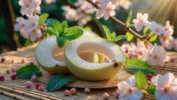 Halved Fruits with Mint and Cherry Blossom on Bamboo Mat photo