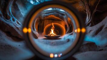 Campfire Burning in Rocky Cave with Dreamlike Fog and Framing photo