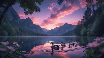 Ducks Swim on Lake at Dusk with Mountain View Reflection photo